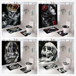 Curtains Black Skull Skeleton Print Shower Curtain Set 3D Funny Waterproof Horrible Halloween Festival Bathroom Decor Carpet Toilet Cover