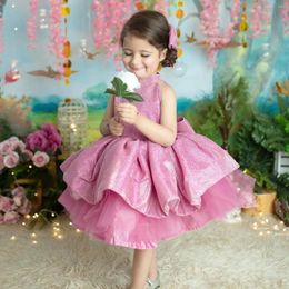 Girl Dresses Pink Flower For Wedding Tiered High Neck Short Children Birthday Gowns Bows Beads Little Girls Pageant