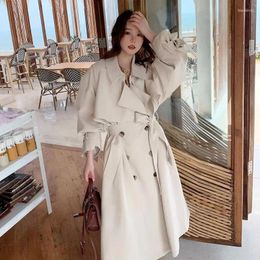 Women's Trench Coats Spring Women Over The Knee Korean Mid-length Beige Coat With Sashes Loose Double-breasted Lapel Long Sleeve Windbreaker