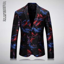 VAGUELETTE Fashion Mens Blazers And Suit Jackets Pattern Blue Blazer For Men Fish Printed Men Blazer Designs Singers Coats 240312