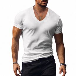 2023 men's T-shirt cross-border clothing European and American foreign trade men's V-neck solid Colour casual short sleeved T-shi 44q4#