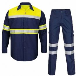 Homem roupas de trabalho 100% Cott Lg camisa de manga + faixa reflexiva calças de carga definir uniforme mecânico de secagem rápida à prova d'água Q12W #