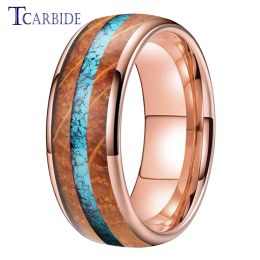 Bands 8MM New Wedding Band Tungsten Carbide Ring Whiskey Barrel Oak Wood And Crushed Turquoise Inlay Fashion Gift Jewellery Comfort Fit