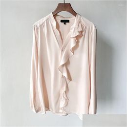 Womens Blouses Shirts 2023 Spring V-Neck Shirt Ruffled Drape Silk Pure Color Elegant Drop Delivery Apparel Clothing Ot98S