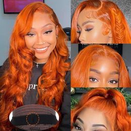 Usweety Front Body Wave Orange 13X4 HD Lace Frontal Human Hair Pre Plucked 180% Density Ginger Wig Human Hair for Black Women Colored Wigs (24inch)