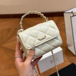 Pearl Handle Flap Women Mini Crossbody Bag 13CM Designer Wallet Vintage Luxury Handbag Street Casual Bag Leather Diamond Lattice Coin Purse Evening Clutch Sacoche