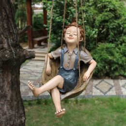 Sculptures Cartoon Boy Swing Pendant Creative Yard Garden Tree Decoration swing Home Decor Gift Living Room ornament Sculptures Accessories