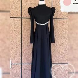 Casual Dresses Black Beading Long Dress For Women Bubble Sleeves Crystal A-Line Evening High Neck Formal Prom Party Gowns Robe J014