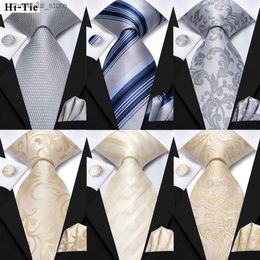 Neck Ties Neck Ties Hi-Tie Champagne Floral Paisley Silk Elegant Tie For Men Groom Wedding Men Necktie Pocket Square Cufflink Accessory Wholesale Y240325