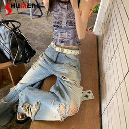 Women's Jeans Fashion Retro High Street Ripped For Women 2024 Autumn Ins Loose Wide Leg Mop Pants Denim Trousers Waisted