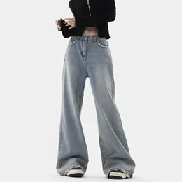 Women's Jeans Wide Leg Light Blue Women Vintage Spring High Waist Straight Loose Washed All-Match Casual Denim Trousers