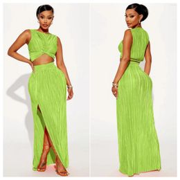 Work Dresses Street Pleated Women's Set Draped Hem Tank And Bodycon Midi Maxi High Side Split Skirt 2024 Sexy Two 2 Piece Outfits