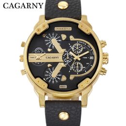 Luxury Cagarny Quartz Watch Men Black Leather Strap Golden Case Dual Times Military dz Relogio Masculino Casual Mens Watches Man X306S