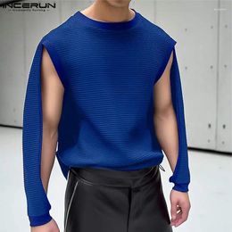 Men's T Shirts 2024 Men Shirt Solid Colour O-neck Long Sleeve Hollow Out Clothing Streetwear Korean Fashion Casual Tee Tops INCERUN S-5XL