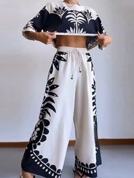 Vintage Printed Woman Tank Top Trousers Suit O Neck Half Sleeved Loose Tshirt Pants 2pcs Set Elastic Waist Chic Vacation Wear 240322