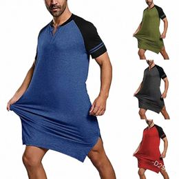2024 Mens Nightgown Fi Patchwork Sleep Robe Solid Sleepwear Man Short Sleeve Bathrobe Loose V Neck Nightwear Onesie S-5XL y6Bp#