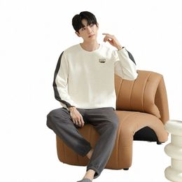 air Cott Sandwich Pajamas Autumn Winter Men Round Neck Lg-Sleeved Trousers Homewear Suit Casual Large Size Sleepwear Set 676q#