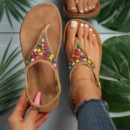 Retro Bohemian Flat Shoes Womens Sandals 2024 Summer Rhinestone Beads Clip Toe Sandals Womens Lightweight Beach Flip 240326