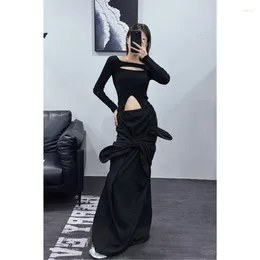 Skirts Early Spring Street Trend Women Long Black Knit Loose Floor Length Bustle Skirt Personalised Big Ears Design 2024