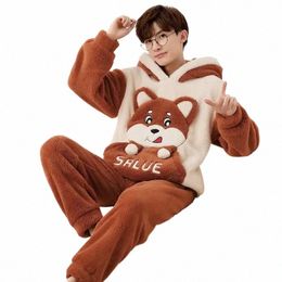 2024 New Warm Pyjamas Men's Autumn Winter Coral Veet Sleepwear Younger Thicken Plus Size Flannel Youth Carto Loungewear Set a4oV#