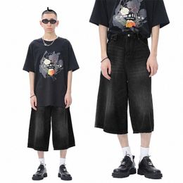 reddachic Retro Black Whiskers Denim Shorts Men Distred Frayed Baggy Jorts Casual Wide Leg Short Pants Hiphop Y2k Streetwear o0xY#