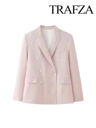 Women's Suits TRAFZA Women Spring Fashion Blazer Pink Turn-Down Collar Long Sleeves Pockets Double Breasted Female Chic Loose Coat Office