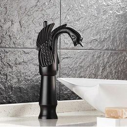 Bathroom Sink Faucets Tall Black Oil Rubbed Brass Carved Art Animal Swan Style Basin Mixer Tap Faucet One Hole Single Handle Mnf178