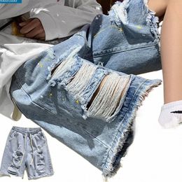 2023 hip hop rasgado denim shorts y2k streetwear masculino vintage destruído buraco baggy calças jeans fi verão shorts soltos preto 525k #