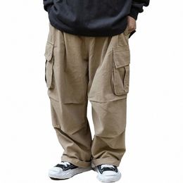 multi-pocket Cargo Pants Mens Safari Style Solid Color Pleated Loose Straight-leg Pants Elastic Waist Casual Trousers Men s6dt#