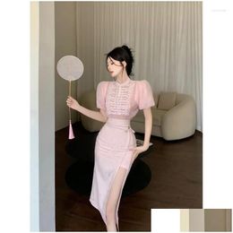 Work Dresses Sweet Girl Suit Womens Summer Retro Bubble Sleeved Top High Waisted Split Long Skirt Two-Piece Set Fashion Female Drop De Otjid