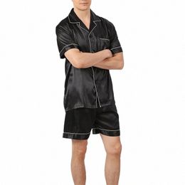 men' Pajama Set Loose Home Wear Breathable Ice Silk Sleep Clothes Short Sleeve Butt Tops with Shorts Sleepwear Loungewear N9ht#