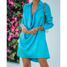 Women's Swimwear Womens solid Colour shirt dress with a lapel collar long sleeves loose style dress deep V-neck casual shopping clothes S/M/L/Xl 240326