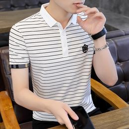 2024 Spring New Striped Youth Short sleeved Men's T-shirt Thin Fit Flip Collar Pullover Embroidered Polo Men's T-shirt