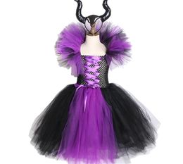 Maleficent Evil Queen Girls Tutu Dress with Horns Halloween Cosplay Witch Costume for Girls Kids Party Dress Children Clothing Y208410171