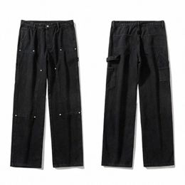 wed Double Knee Logging Pants Men Women Straight Tube Loose Fitting American Wide Leg Worn-out Casual Pants Jeans 40IT#