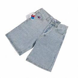 retro Y2k Big Boy Embroidery Hip Hop Jeans Carto Graphic Streetwear Denim Shorts Baggy Harajuku Gym Basketball Shorts Men 21Ov#