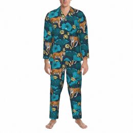 yellow Tiger Pyjama Sets Autumn Lotus Pd Leaf Print Kawaii Room Sleepwear Men 2 Pieces Vintage Oversized Graphic Nightwear 89eV#