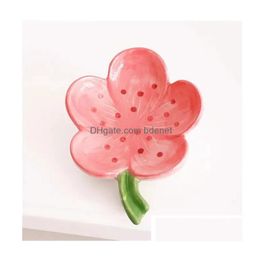 Other Home & Garden Flower Ceramic Soap Box Creative El Bathroom High-End Drain Dish Household Peach Blossom Tray Drop Delivery Dh7Mr