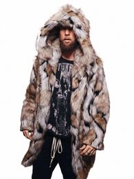 winter Faux Fur Coat Winter MenThick Hooded Fluffy Lg Sleeve Warm Outerwear Luxury Fox Fur Jacket Lg Sleeve Btjas Mens K93E#