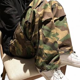 men Cargo Pants Camoue Drawstring Elastic Waist Wide Leg Autumn Vintage Jogging Trousers Streetwear B3v6#