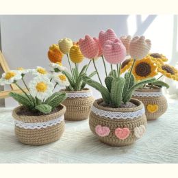 Knitting DIY Knitting Bouquet Sunflower HandKnitted Fake Flowers Knit Flower Home Table Floral Crochet Material Kit Beginner Starter