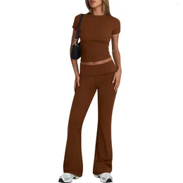 Women's Pants Fashion Solid Colour Round Neck Short Sleeve Top Wide Leg Set Elegant Woman Flared Ladies Casual