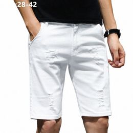 white Ripped Scratched Men Denim Shorts Casual Summer Jeans Popular Elastic Plus Size 36 38 40 42 Black Boys Holes Half Trousers 06iB#