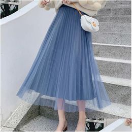 Skirts Skirt Faldas High Waist Largas Women Jupe Long Femme Korean Fashion Dress Vetement 2022 Clothing Mti-Layer Net Yarn Pleated S D Otc2I