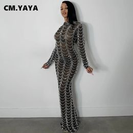 CM.YAYA Women Diamonds Drill Striped Mesh See Though Long Sleeve Bodycon Midi Maxi Dress Sexy Club Skinny Party Long Dresses 240320