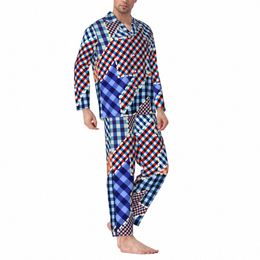 houndstooth Print Pyjama Sets Plaid Patchwork Comfortable Sleepwear Male Lg Sleeve Vintage Sleep 2 Piece Nightwear Plus Size k93p#