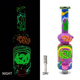 1pc,10in,Glass Bong With 420 Theme,Glow In Dark,Borosilicate Glass Water Pipe With One Percolator,Nectar Collector Glass Colourful NC Kit,Smoking Accessaries