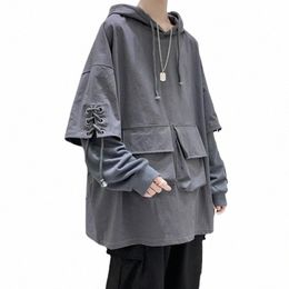 2021 Spring Men Streetwear Pocket Cargo Hooded Hoodies Mens Korean Harajuku Stitched Sleeves Sweatshirts Male Hip Hop Clothing x6Ai#
