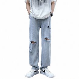 men's Perforated Jeans Summer Thin Loose Fit Straight Leg Pants American High Street Vintage Knife Cut Solid Jeans T4ma#