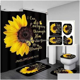 Shower Curtains 4Pcs Flower Curtain Set With Non-Slip Rugs Toilet Lid Er And Bath Mat Black Waterproof Bathroom Drop Delivery Dhlpr